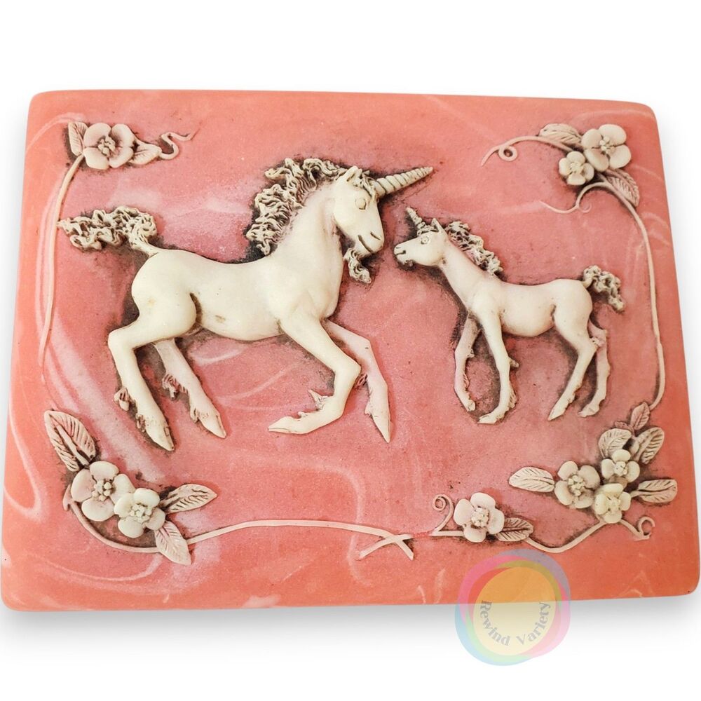 Vintage 1984 Unicorn Pink Marbled Trinket Box